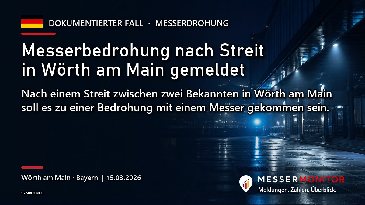 Titelgrafik: Messerbedrohung nach Streit in Wörth am Main gemeldet. Nach einem Streit zwischen zwei Bekannten in Wörth am Main soll es zu einer Bedrohung mit einem Messer gekommen sein..