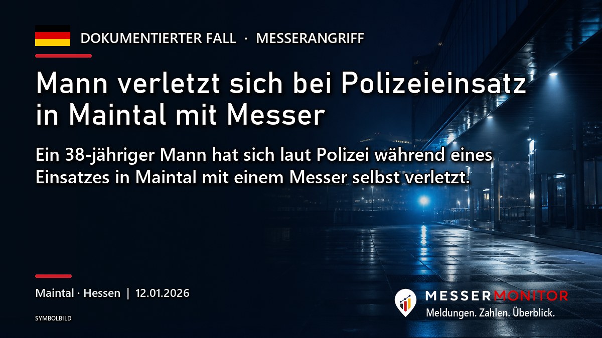 Titelgrafik: Mann verletzt sich bei Polizeieinsatz in Maintal mit Messer. Ein 38-jähriger Mann hat sich laut Polizei während eines Einsatzes in Maintal mit einem Messer selbst verletzt..