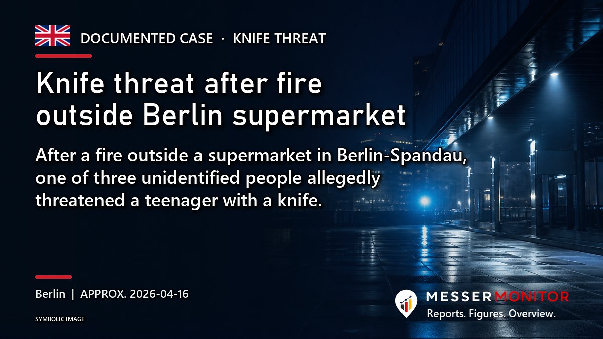 Title image: Knife threat after fire outside Berlin supermarket. After a fire outside a supermarket in Berlin-Spandau, one of three unidentified people allegedly threatened a teenager with a knife..