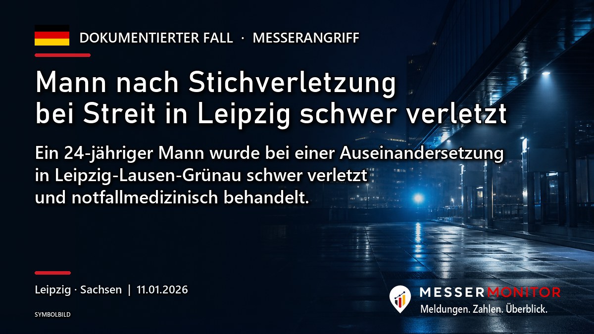 Titelgrafik: Mann nach Stichverletzung bei Streit in Leipzig schwer verletzt. Ein 24-jähriger Mann wurde bei einer Auseinandersetzung in Leipzig-Lausen-Grünau schwer verletzt und notfallmedizinisch behandelt..