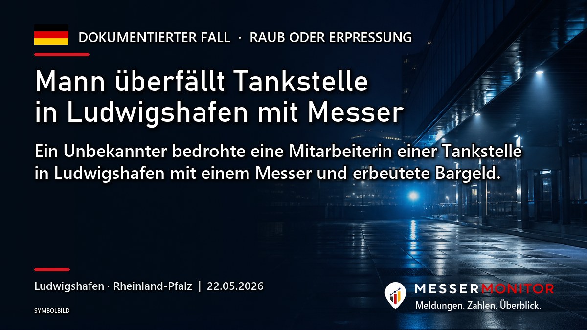 Titelgrafik: Mann überfällt Tankstelle in Ludwigshafen mit Messer. Ein Unbekannter bedrohte eine Mitarbeiterin einer Tankstelle in Ludwigshafen mit einem Messer und erbeutete Bargeld..