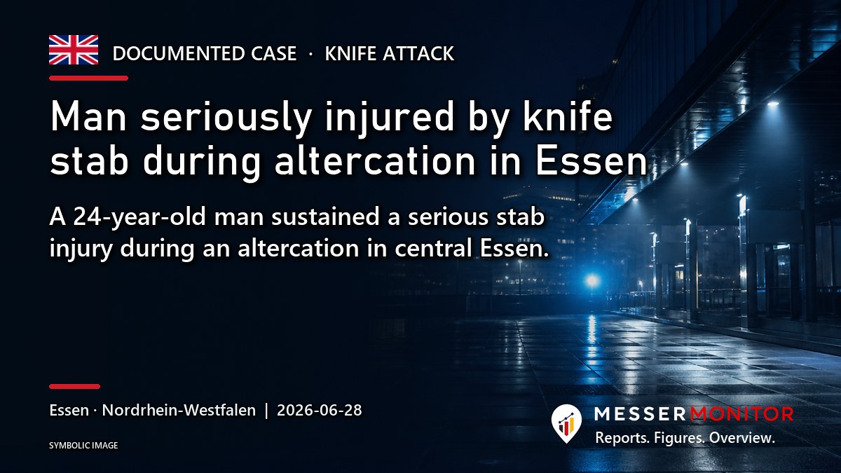 Title image: Man seriously injured by knife stab during altercation in Essen. A 24-year-old man sustained a serious stab injury during an altercation in central Essen..