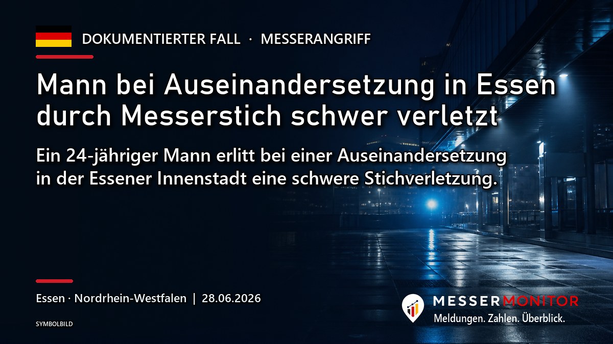 Titelgrafik: Mann bei Auseinandersetzung in Essen durch Messerstich schwer verletzt. Ein 24-jähriger Mann erlitt bei einer Auseinandersetzung in der Essener Innenstadt eine schwere Stichverletzung..