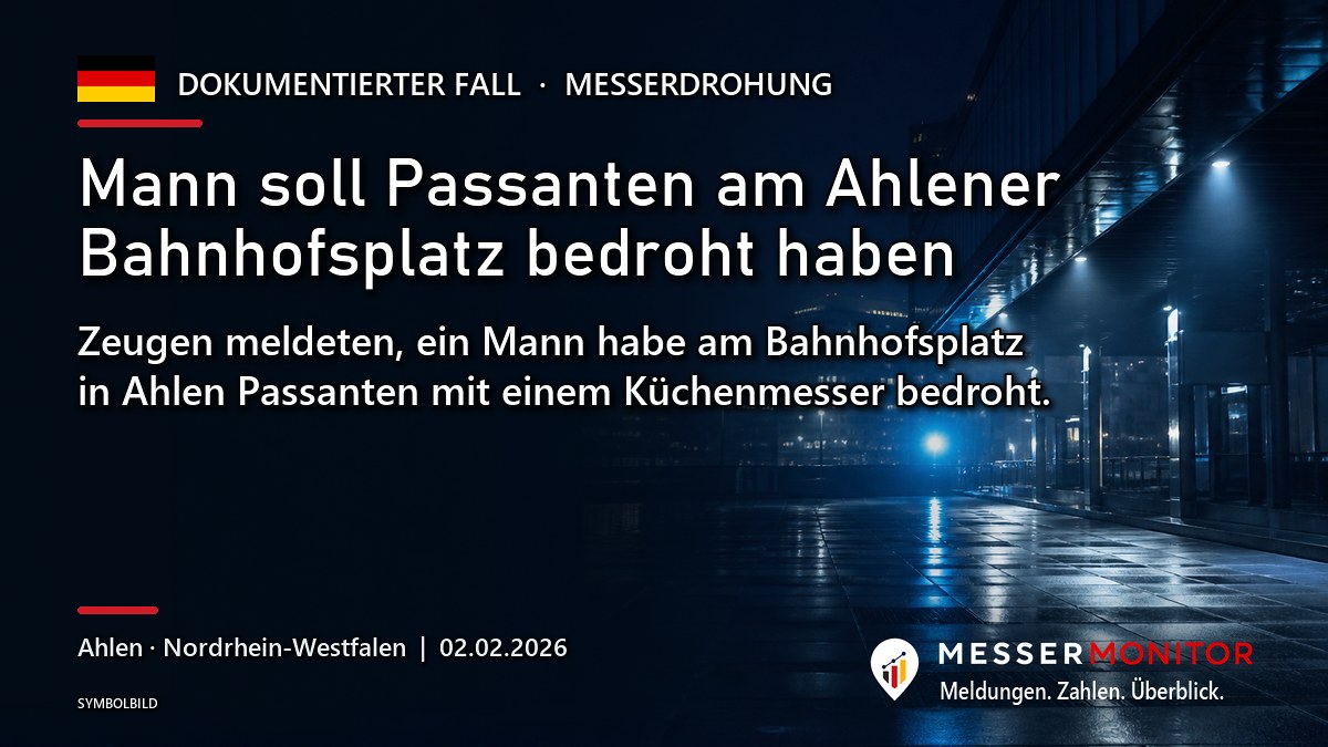 Titelgrafik: Mann soll Passanten am Ahlener Bahnhofsplatz bedroht haben. Zeugen meldeten, ein Mann habe am Bahnhofsplatz in Ahlen Passanten mit einem Küchenmesser bedroht..