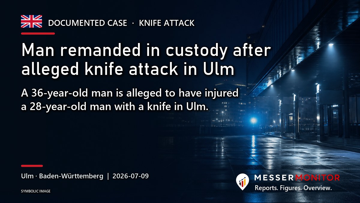 Title image: Man remanded in custody after alleged knife attack in Ulm. A 36-year-old man is alleged to have injured a 28-year-old man with a knife in Ulm..
