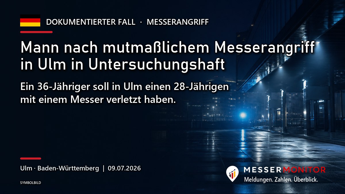 Titelgrafik: Mann nach mutmaßlichem Messerangriff in Ulm in Untersuchungshaft. Ein 36-Jähriger soll in Ulm einen 28-Jährigen mit einem Messer verletzt haben..