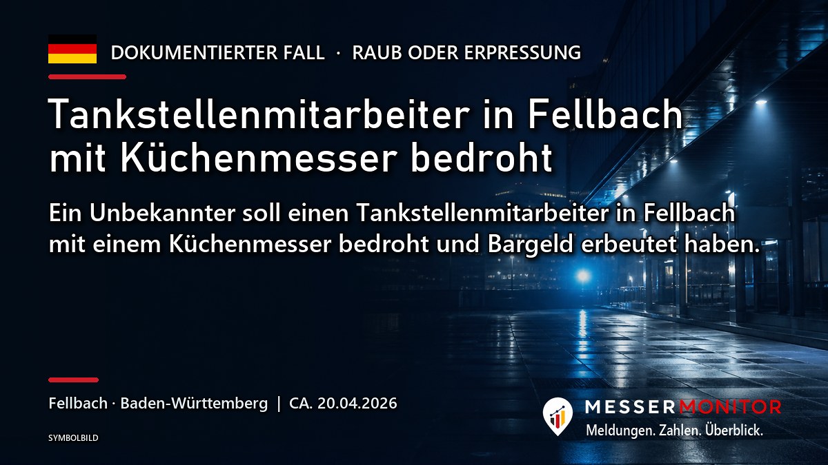 Titelgrafik: Tankstellenmitarbeiter in Fellbach mit Küchenmesser bedroht. Ein Unbekannter soll einen Tankstellenmitarbeiter in Fellbach mit einem Küchenmesser bedroht und Bargeld erbeutet haben..