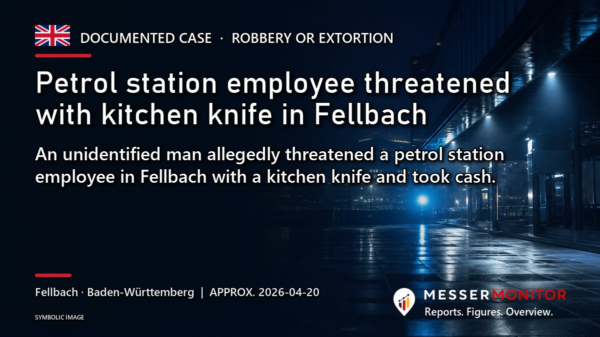 Title image: Petrol station employee threatened with kitchen knife in Fellbach. An unidentified man allegedly threatened a petrol station employee in Fellbach with a kitchen knife and took cash..