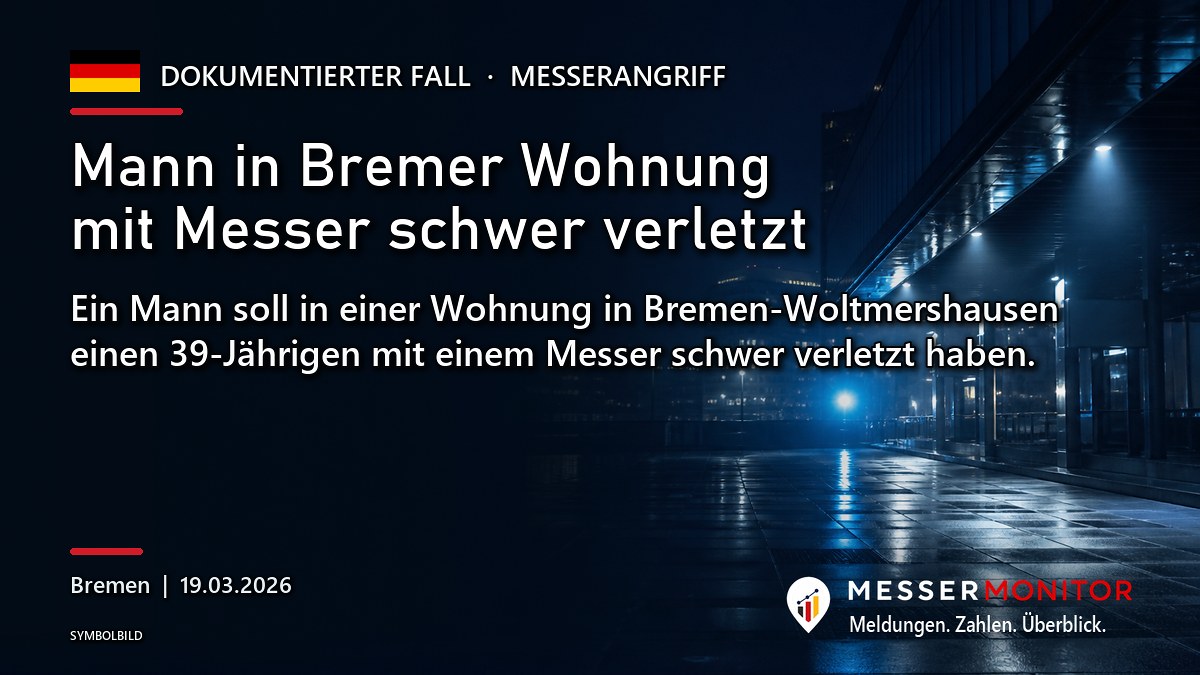 Titelgrafik: Mann in Bremer Wohnung mit Messer schwer verletzt. Ein Mann soll in einer Wohnung in Bremen-Woltmershausen einen 39-Jährigen mit einem Messer schwer verletzt haben..