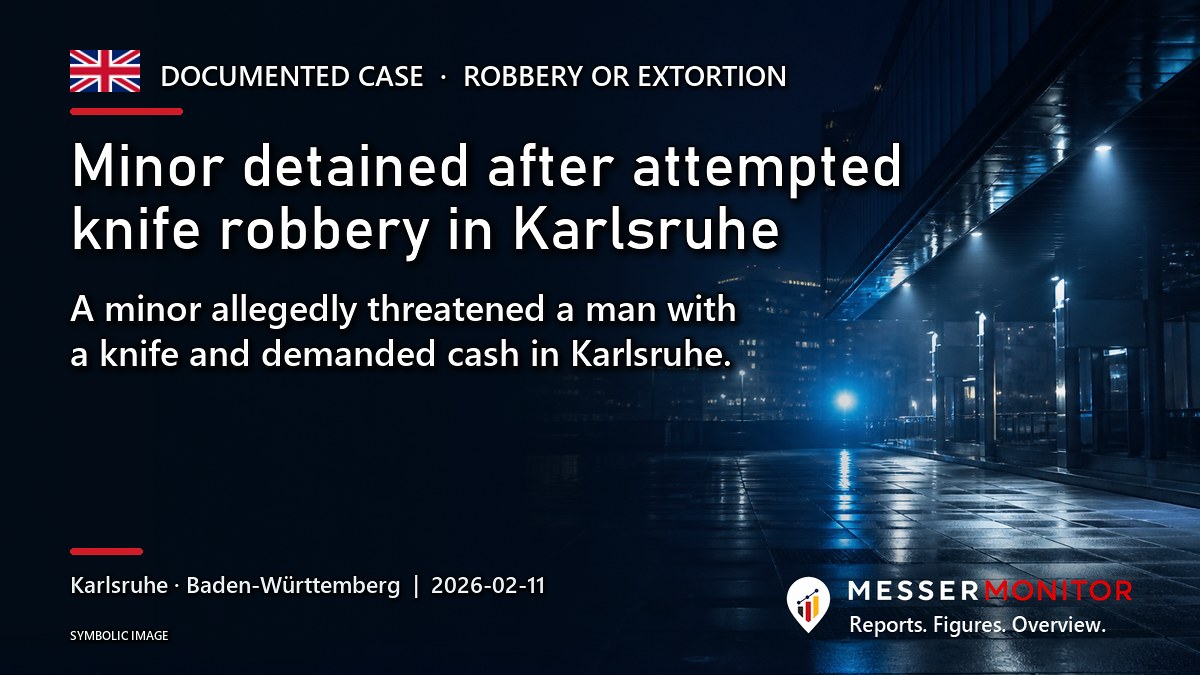 Title image: Minor detained after attempted knife robbery in Karlsruhe. A minor allegedly threatened a man with a knife and demanded cash in Karlsruhe..