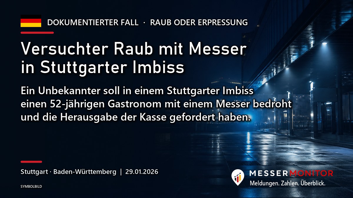 Titelgrafik: Versuchter Raub mit Messer in Stuttgarter Imbiss. Ein Unbekannter soll in einem Stuttgarter Imbiss einen 52-jährigen Gastronom mit einem Messer bedroht und die Herausgabe der Kasse gefordert haben..