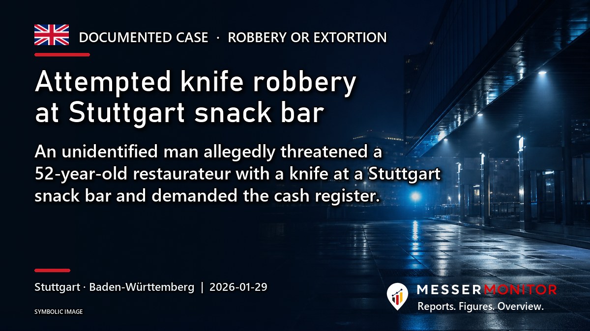 Title image: Attempted knife robbery at Stuttgart snack bar. An unidentified man allegedly threatened a 52-year-old restaurateur with a knife at a Stuttgart snack bar and demanded the cash register..