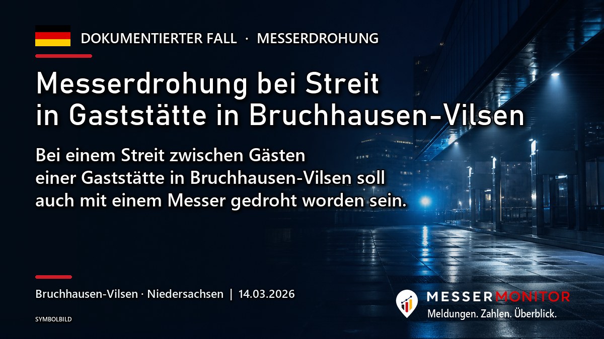 Titelgrafik: Messerdrohung bei Streit in Gaststätte in Bruchhausen-Vilsen. Bei einem Streit zwischen Gästen einer Gaststätte in Bruchhausen-Vilsen soll auch mit einem Messer gedroht worden sein..
