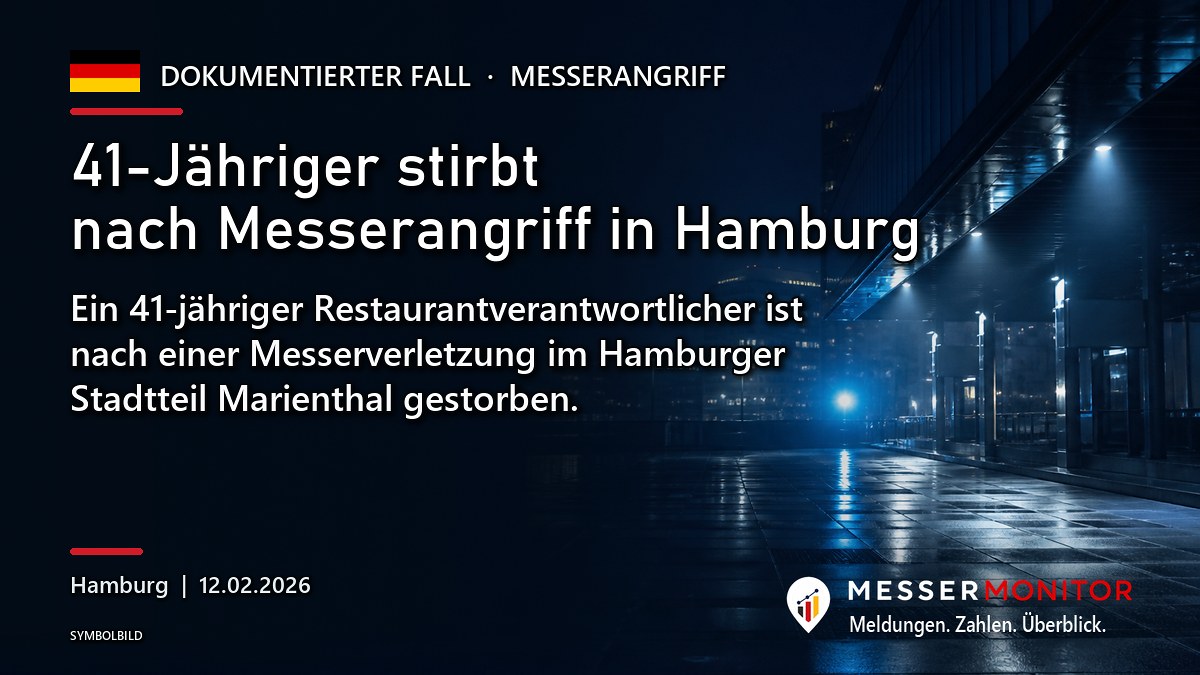 Titelgrafik: 41-Jähriger stirbt nach Messerangriff in Hamburg. Ein 41-jähriger Restaurantverantwortlicher ist nach einer Messerverletzung im Hamburger Stadtteil Marienthal gestorben..