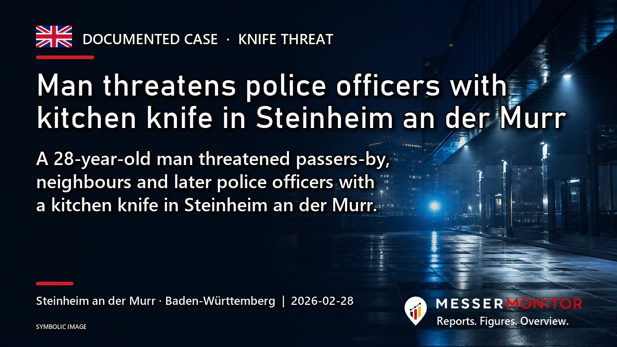 Title image: Man threatens police officers with kitchen knife in Steinheim an der Murr. A 28-year-old man threatened passers-by, neighbours and later police officers with a kitchen knife in Steinheim an der Murr..