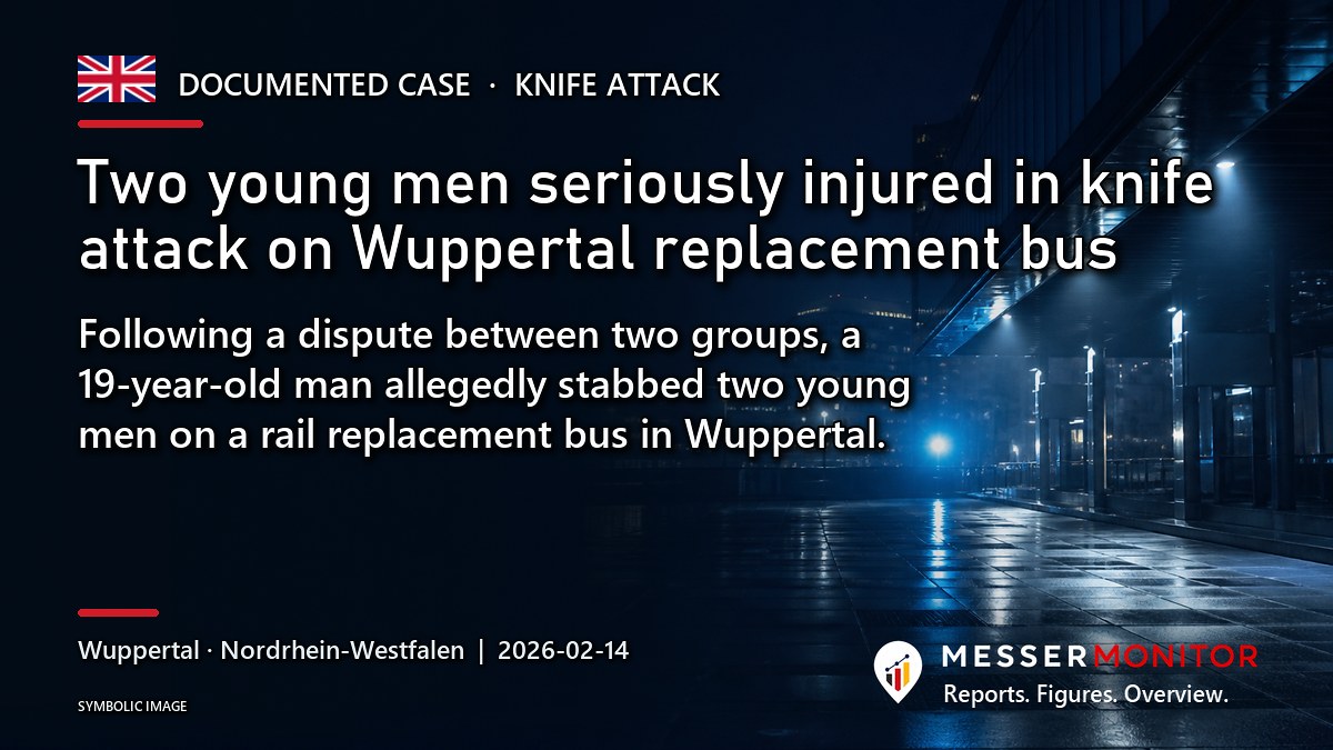 Title image: Two young men seriously injured in knife attack on Wuppertal replacement bus. Following a dispute between two groups, a 19-year-old man allegedly stabbed two young men on a rail replacement bus in Wuppertal..