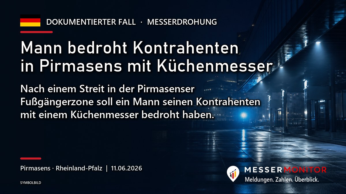 Titelgrafik: Mann bedroht Kontrahenten in Pirmasens mit Küchenmesser. Nach einem Streit in der Pirmasenser Fußgängerzone soll ein Mann seinen Kontrahenten mit einem Küchenmesser bedroht haben..