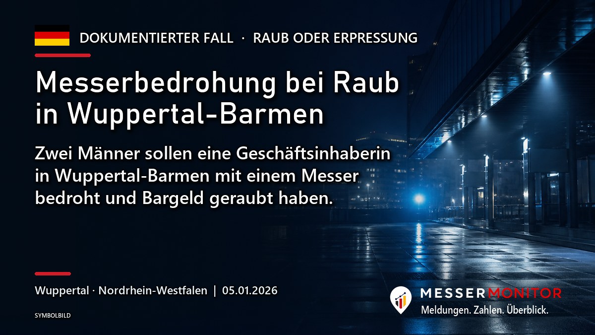 Titelgrafik: Messerbedrohung bei Raub in Wuppertal-Barmen. Zwei Männer sollen eine Geschäftsinhaberin in Wuppertal-Barmen mit einem Messer bedroht und Bargeld geraubt haben..