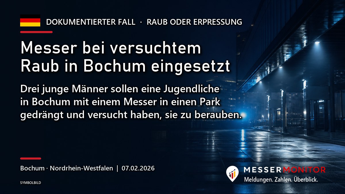 Titelgrafik: Messer bei versuchtem Raub in Bochum eingesetzt. Drei junge Männer sollen eine Jugendliche in Bochum mit einem Messer in einen Park gedrängt und versucht haben, sie zu berauben..
