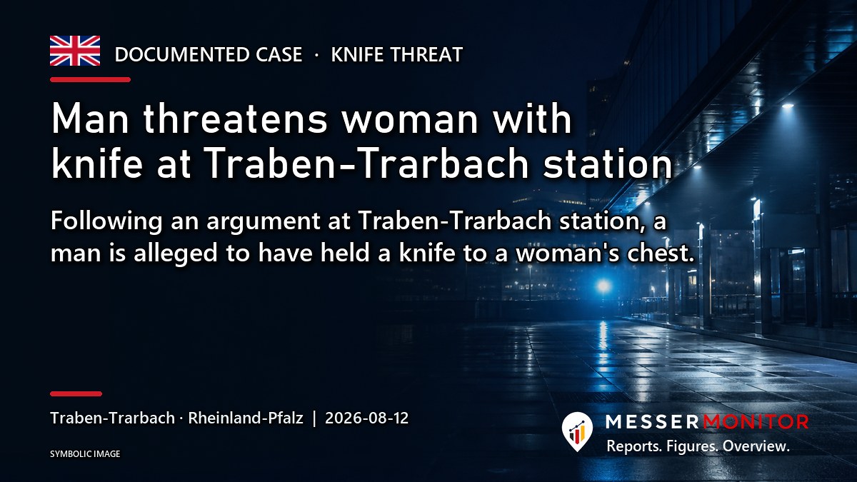 Title image: Man threatens woman with knife at Traben-Trarbach station. Following an argument at Traben-Trarbach station, a man is alleged to have held a knife to a woman's chest..