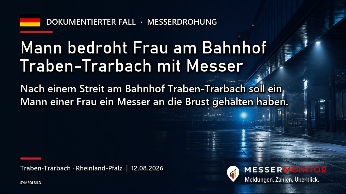 Titelgrafik: Mann bedroht Frau am Bahnhof Traben-Trarbach mit Messer. Nach einem Streit am Bahnhof Traben-Trarbach soll ein Mann einer Frau ein Messer an die Brust gehalten haben..