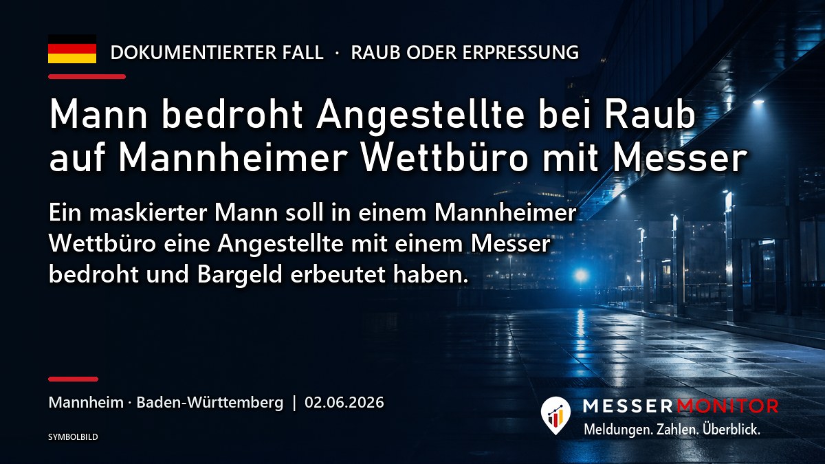 Titelgrafik: Mann bedroht Angestellte bei Raub auf Mannheimer Wettbüro mit Messer. Ein maskierter Mann soll in einem Mannheimer Wettbüro eine Angestellte mit einem Messer bedroht und Bargeld erbeutet haben..