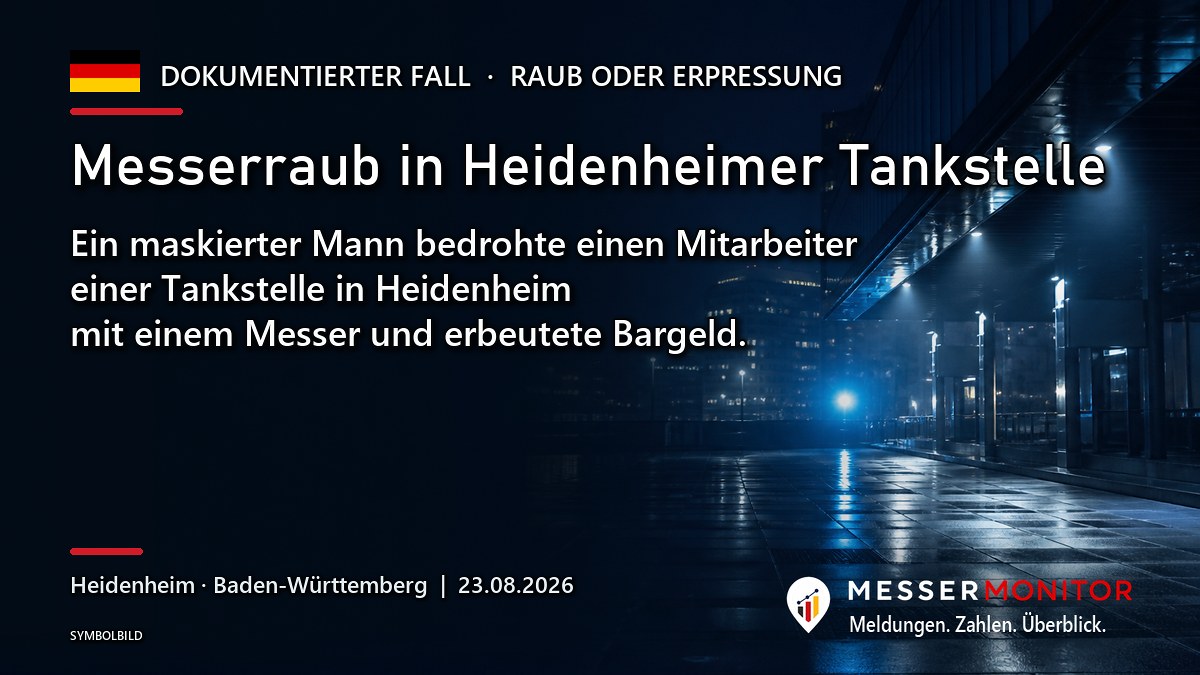 Titelgrafik: Messerraub in Heidenheimer Tankstelle. Ein maskierter Mann bedrohte einen Mitarbeiter einer Tankstelle in Heidenheim mit einem Messer und erbeutete Bargeld..