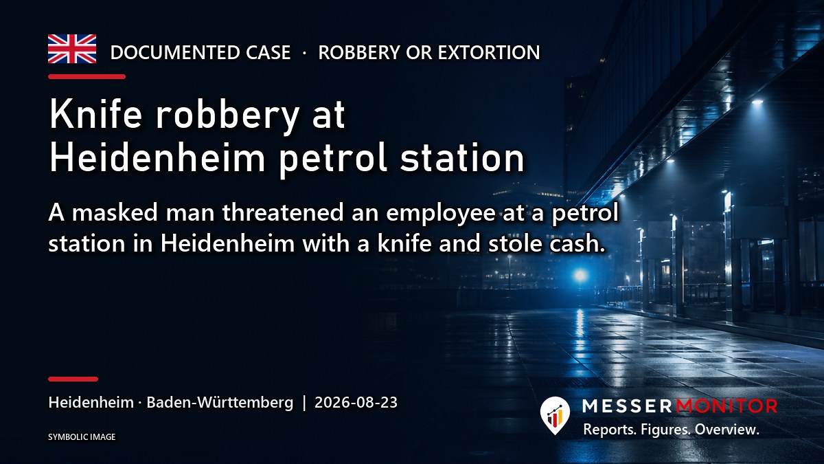 Title image: Knife robbery at Heidenheim petrol station. A masked man threatened an employee at a petrol station in Heidenheim with a knife and stole cash..