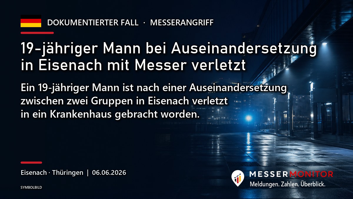 Titelgrafik: 19-jähriger Mann bei Auseinandersetzung in Eisenach mit Messer verletzt. Ein 19-jähriger Mann ist nach einer Auseinandersetzung zwischen zwei Gruppen in Eisenach verletzt in ein Krankenhaus gebracht worden..