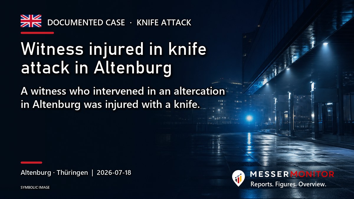 Title image: Witness injured in knife attack in Altenburg. A witness who intervened in an altercation in Altenburg was injured with a knife..