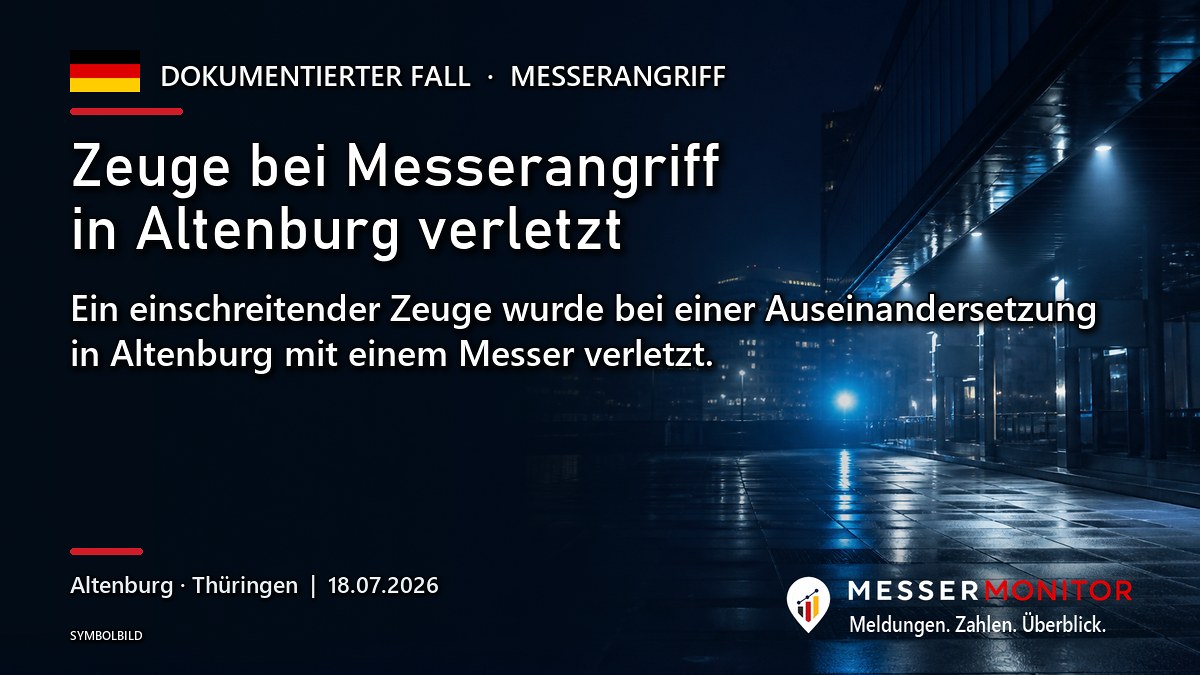 Titelgrafik: Zeuge bei Messerangriff in Altenburg verletzt. Ein einschreitender Zeuge wurde bei einer Auseinandersetzung in Altenburg mit einem Messer verletzt..