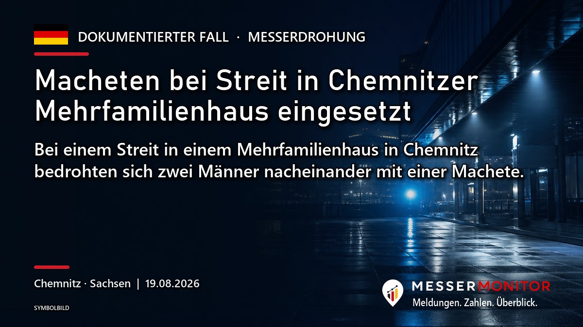 Titelgrafik: Macheten bei Streit in Chemnitzer Mehrfamilienhaus eingesetzt. Bei einem Streit in einem Mehrfamilienhaus in Chemnitz bedrohten sich zwei Männer nacheinander mit einer Machete..