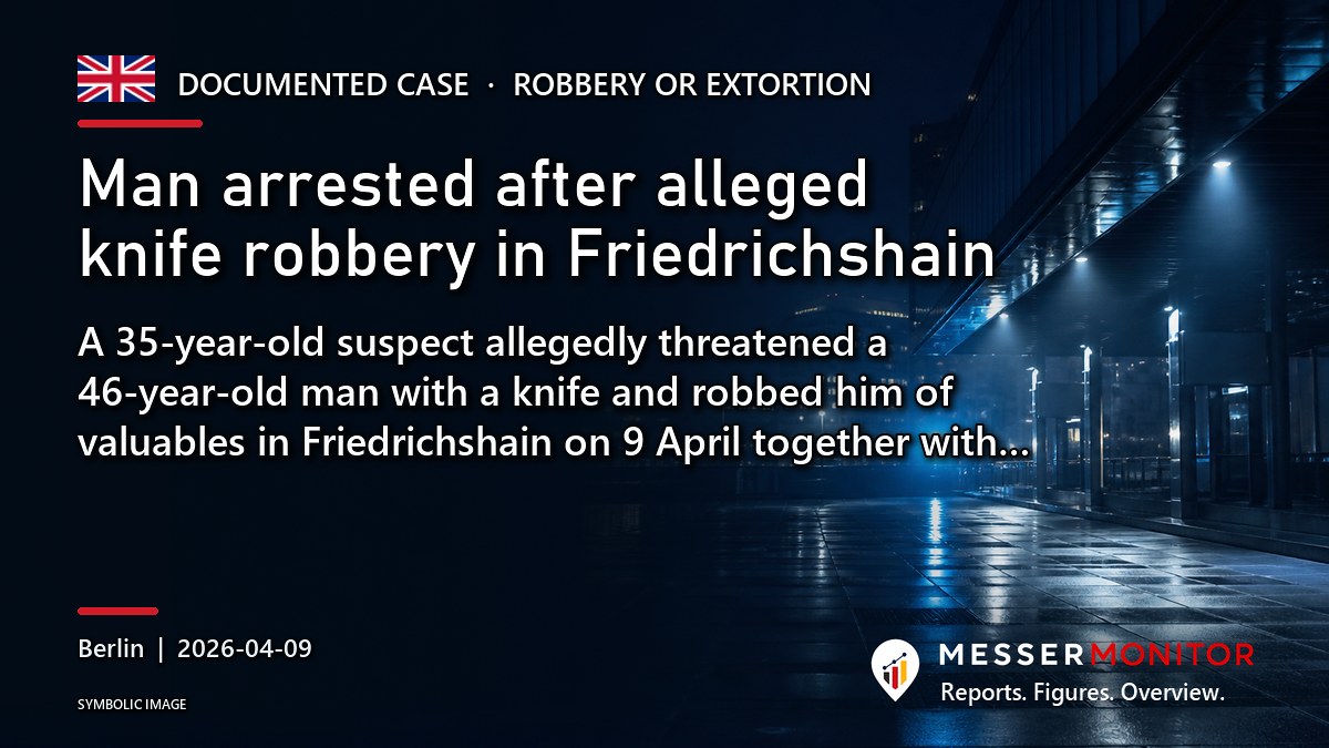 Title image: Man arrested after alleged knife robbery in Friedrichshain. A 35-year-old suspect allegedly threatened a 46-year-old man with a knife and robbed him of valuables in Friedrichshain on 9 April together with….