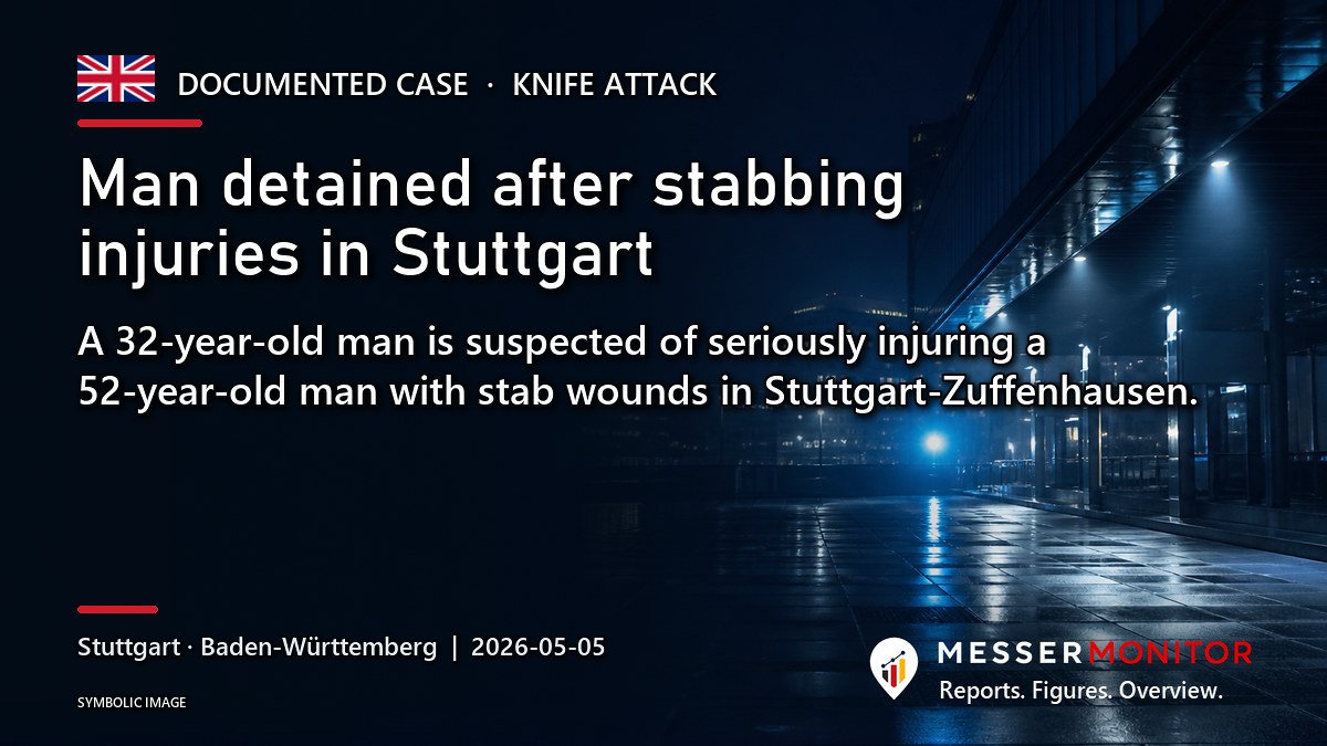 Title image: Man detained after stabbing injuries in Stuttgart. A 32-year-old man is suspected of seriously injuring a 52-year-old man with stab wounds in Stuttgart-Zuffenhausen..