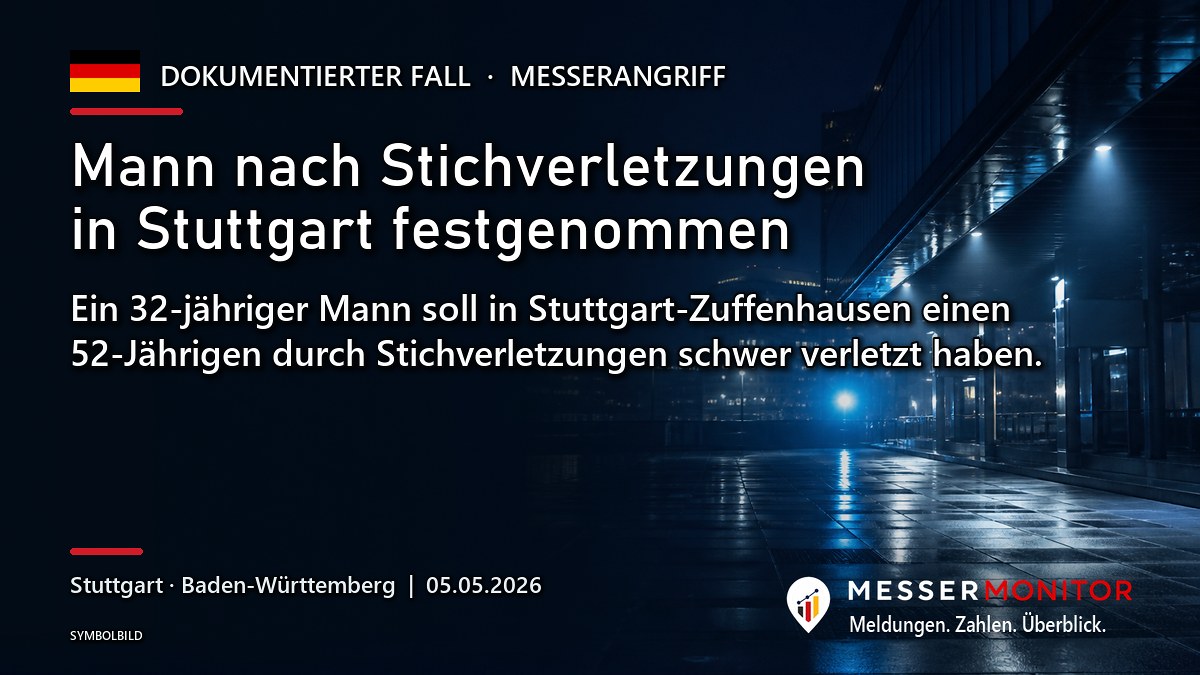 Titelgrafik: Mann nach Stichverletzungen in Stuttgart festgenommen. Ein 32-jähriger Mann soll in Stuttgart-Zuffenhausen einen 52-Jährigen durch Stichverletzungen schwer verletzt haben..