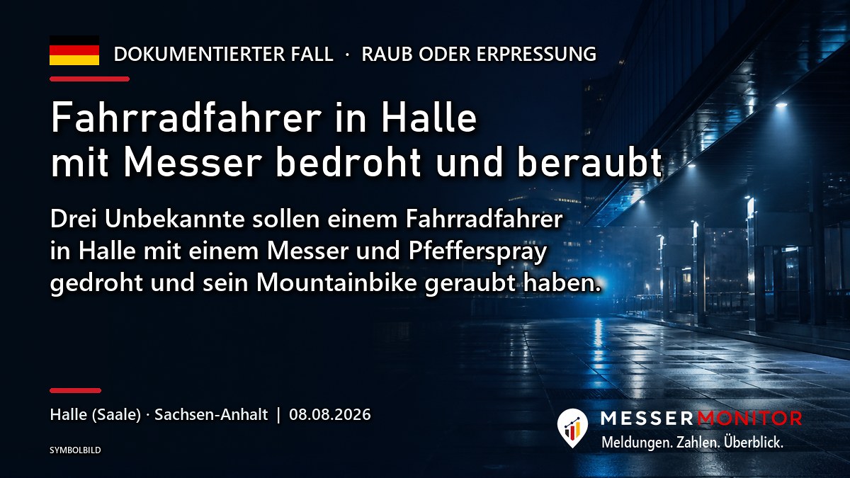 Titelgrafik: Fahrradfahrer in Halle mit Messer bedroht und beraubt. Drei Unbekannte sollen einem Fahrradfahrer in Halle mit einem Messer und Pfefferspray gedroht und sein Mountainbike geraubt haben..