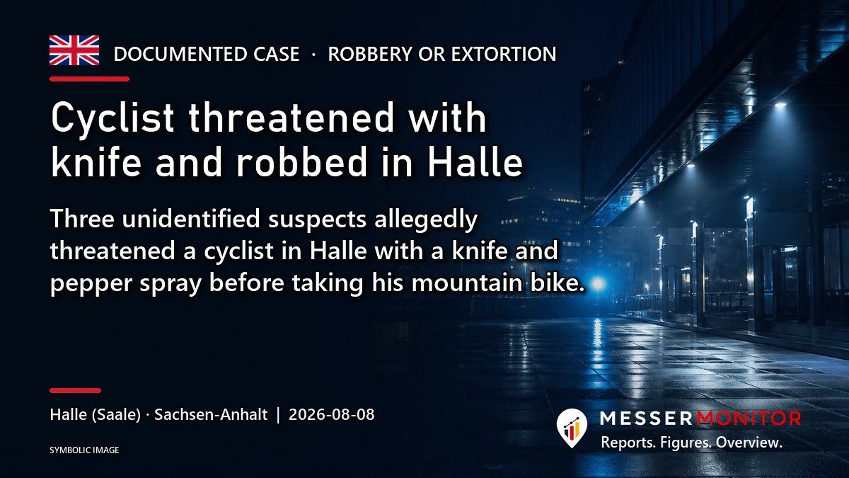 Title image: Cyclist threatened with knife and robbed in Halle. Three unidentified suspects allegedly threatened a cyclist in Halle with a knife and pepper spray before taking his mountain bike..
