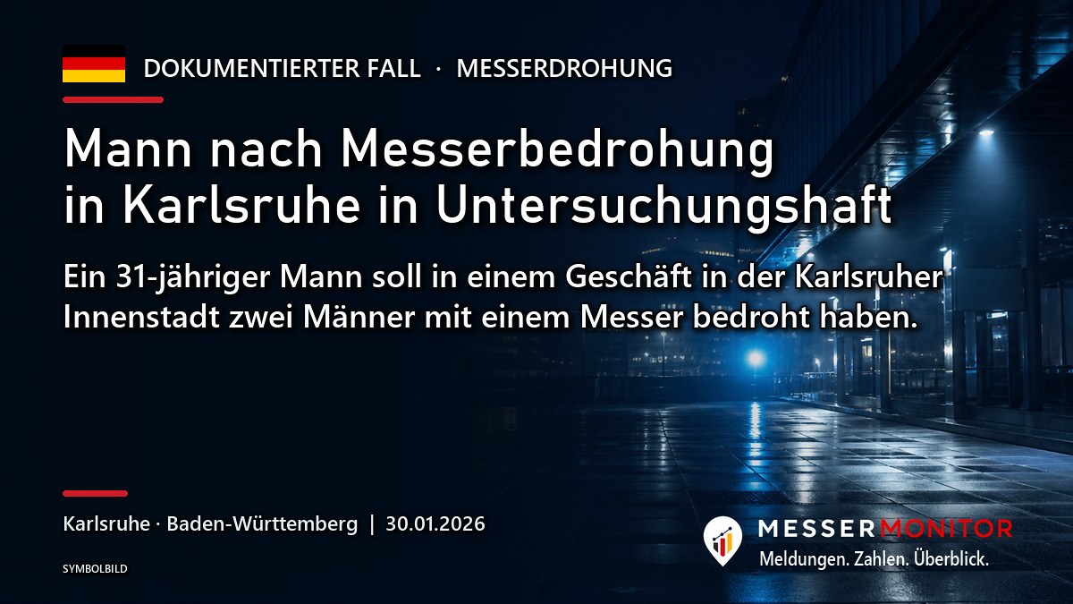 Titelgrafik: Mann nach Messerbedrohung in Karlsruhe in Untersuchungshaft. Ein 31-jähriger Mann soll in einem Geschäft in der Karlsruher Innenstadt zwei Männer mit einem Messer bedroht haben..