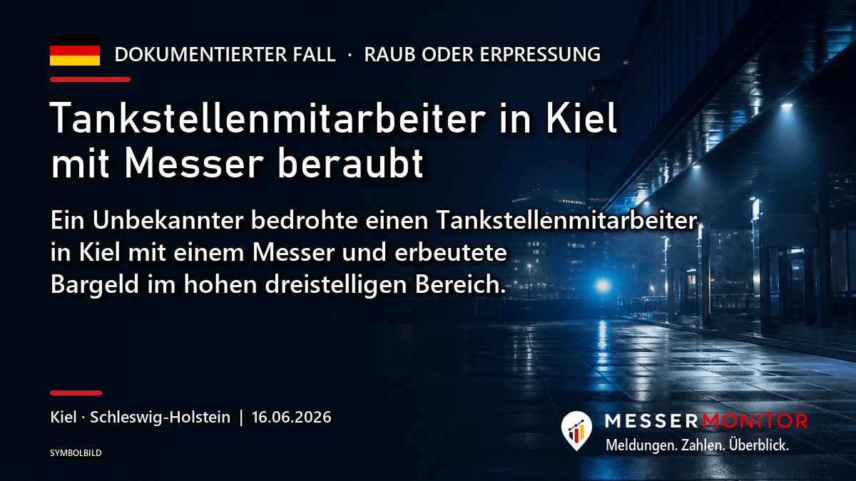 Titelgrafik: Tankstellenmitarbeiter in Kiel mit Messer beraubt. Ein Unbekannter bedrohte einen Tankstellenmitarbeiter in Kiel mit einem Messer und erbeutete Bargeld im hohen dreistelligen Bereich..