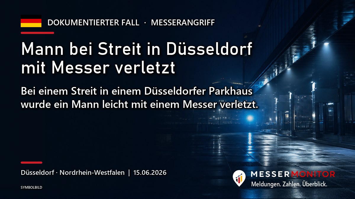 Titelgrafik: Mann bei Streit in Düsseldorf mit Messer verletzt. Bei einem Streit in einem Düsseldorfer Parkhaus wurde ein Mann leicht mit einem Messer verletzt..