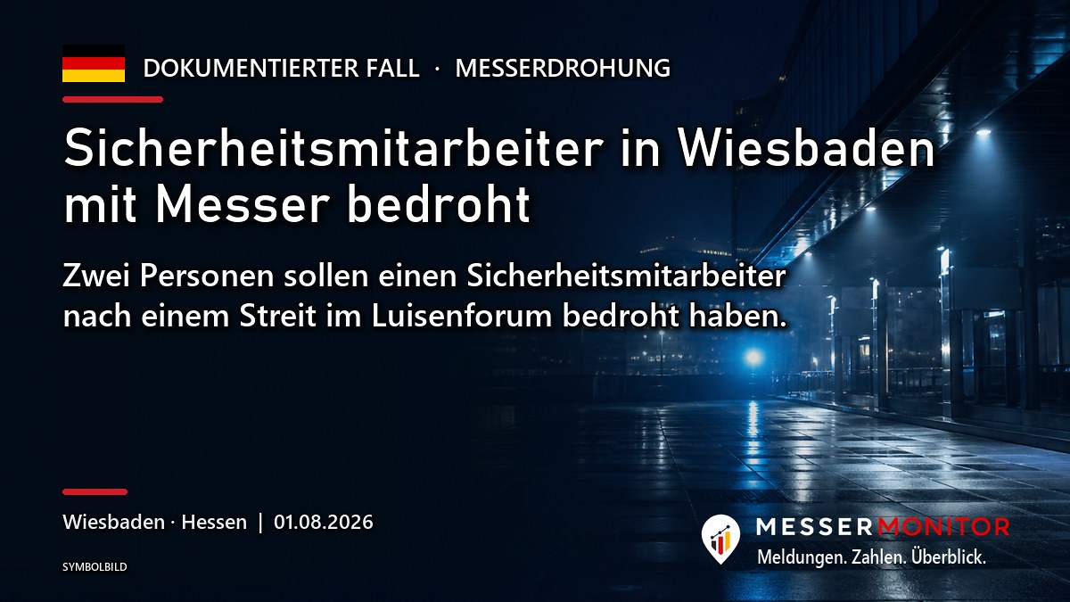 Titelgrafik: Sicherheitsmitarbeiter in Wiesbaden mit Messer bedroht. Zwei Personen sollen einen Sicherheitsmitarbeiter nach einem Streit im Luisenforum bedroht haben..