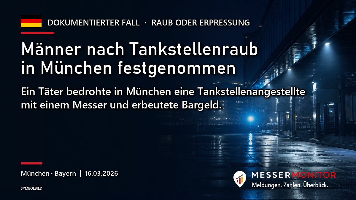 Titelgrafik: Männer nach Tankstellenraub in München festgenommen. Ein Täter bedrohte in München eine Tankstellenangestellte mit einem Messer und erbeutete Bargeld..
