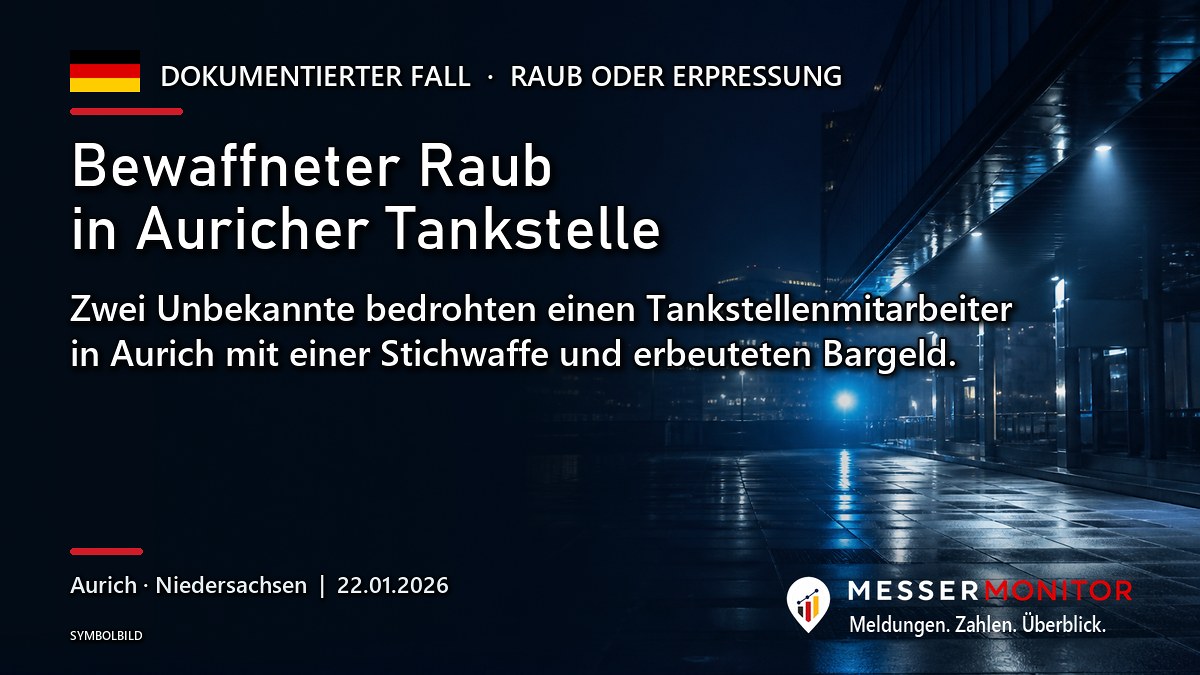 Titelgrafik: Bewaffneter Raub in Auricher Tankstelle. Zwei Unbekannte bedrohten einen Tankstellenmitarbeiter in Aurich mit einer Stichwaffe und erbeuteten Bargeld..