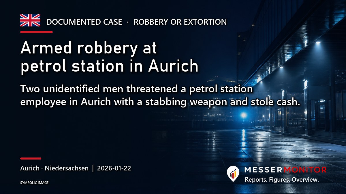 Title image: Armed robbery at petrol station in Aurich. Two unidentified men threatened a petrol station employee in Aurich with a stabbing weapon and stole cash..