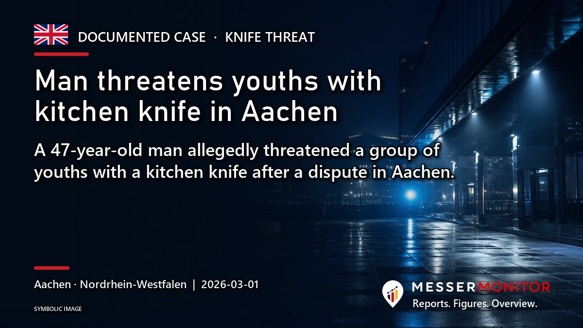 Title image: Man threatens youths with kitchen knife in Aachen. A 47-year-old man allegedly threatened a group of youths with a kitchen knife after a dispute in Aachen..