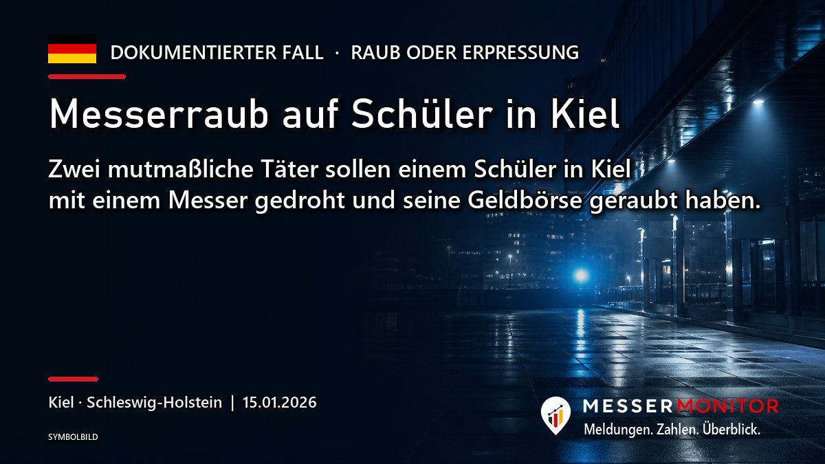 Titelgrafik: Messerraub auf Schüler in Kiel. Zwei mutmaßliche Täter sollen einem Schüler in Kiel mit einem Messer gedroht und seine Geldbörse geraubt haben..