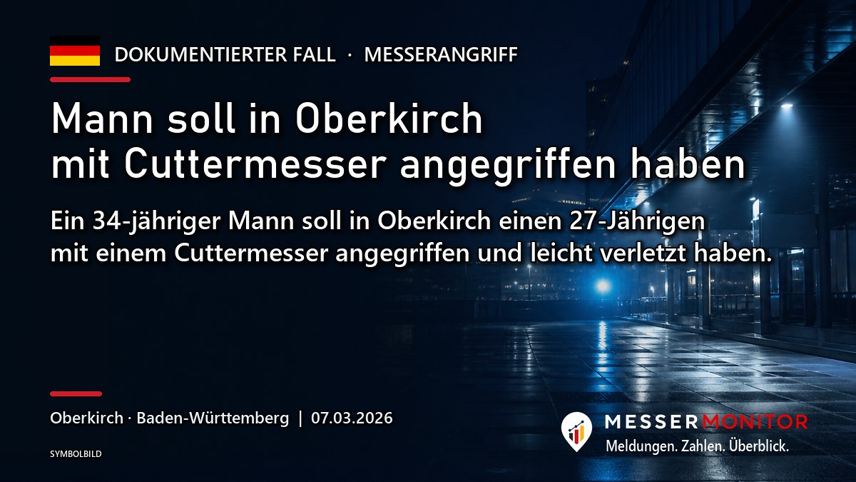 Titelgrafik: Mann soll in Oberkirch mit Cuttermesser angegriffen haben. Ein 34-jähriger Mann soll in Oberkirch einen 27-Jährigen mit einem Cuttermesser angegriffen und leicht verletzt haben..