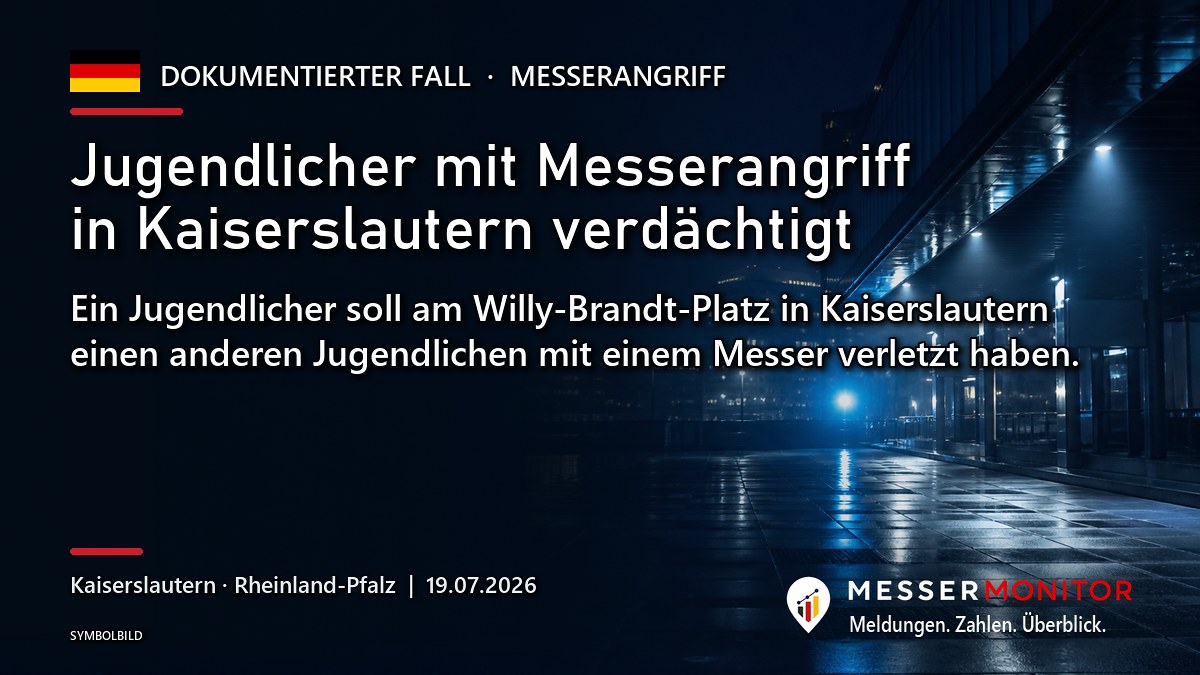Titelgrafik: Jugendlicher mit Messerangriff in Kaiserslautern verdächtigt. Ein Jugendlicher soll am Willy-Brandt-Platz in Kaiserslautern einen anderen Jugendlichen mit einem Messer verletzt haben..