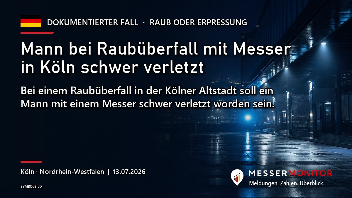 Titelgrafik: Mann bei Raubüberfall mit Messer in Köln schwer verletzt. Bei einem Raubüberfall in der Kölner Altstadt soll ein Mann mit einem Messer schwer verletzt worden sein..