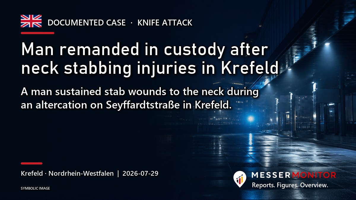 Title image: Man remanded in custody after neck stabbing injuries in Krefeld. A man sustained stab wounds to the neck during an altercation on Seyffardtstraße in Krefeld..